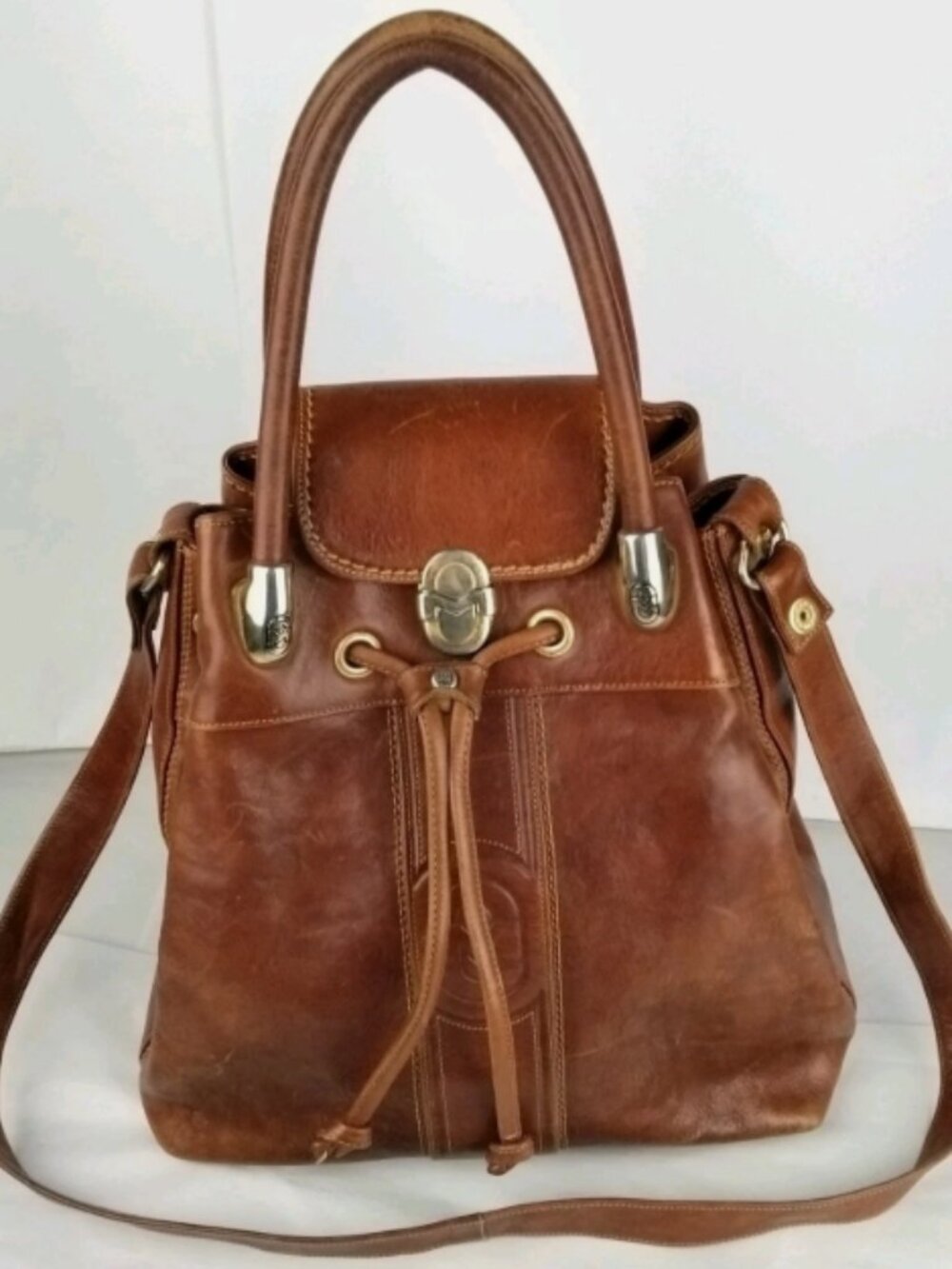 Vintage Marino Orlandi Cognac Bucket Bag Purse Drawstring Leather Crossbody